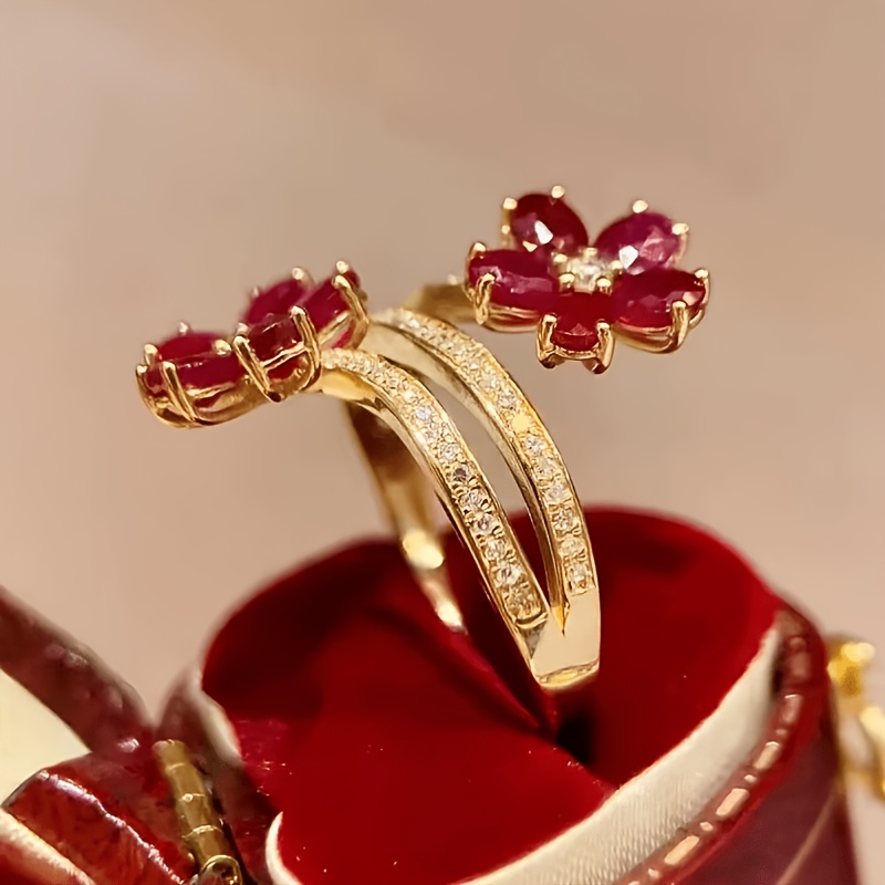 Women's Adjustable Red Zirconia Flower Open Ring